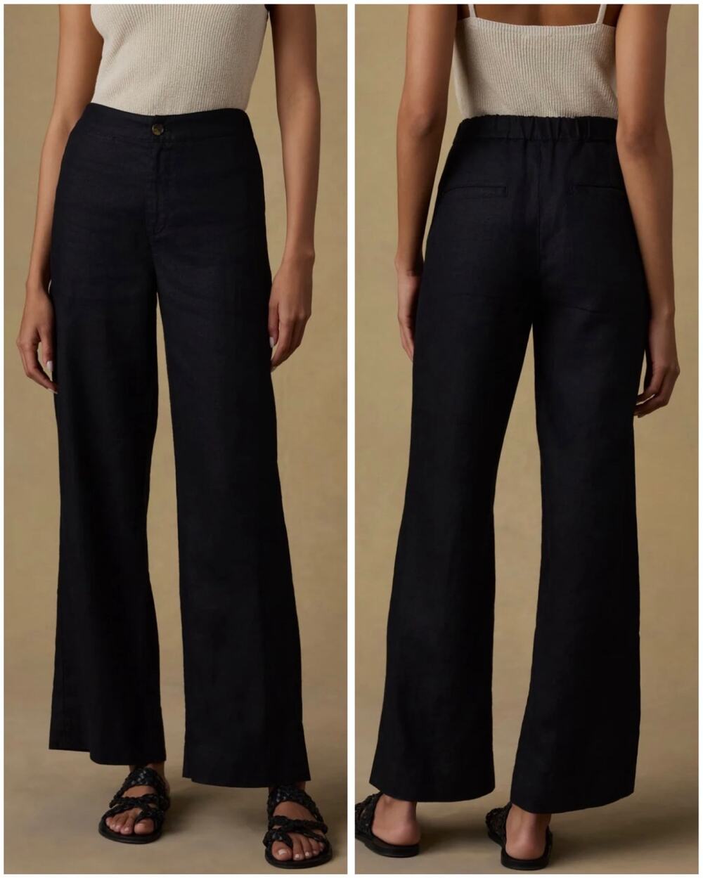 Faherty Sun Strider Linen Wide Leg Trouser Pants Relaxed Elastic Waist - Large